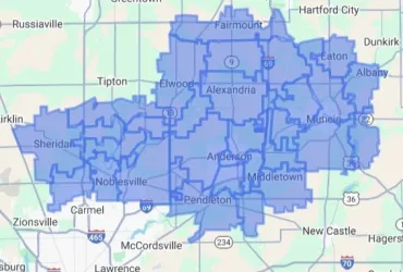 map with shaded blue areas indicating a service area